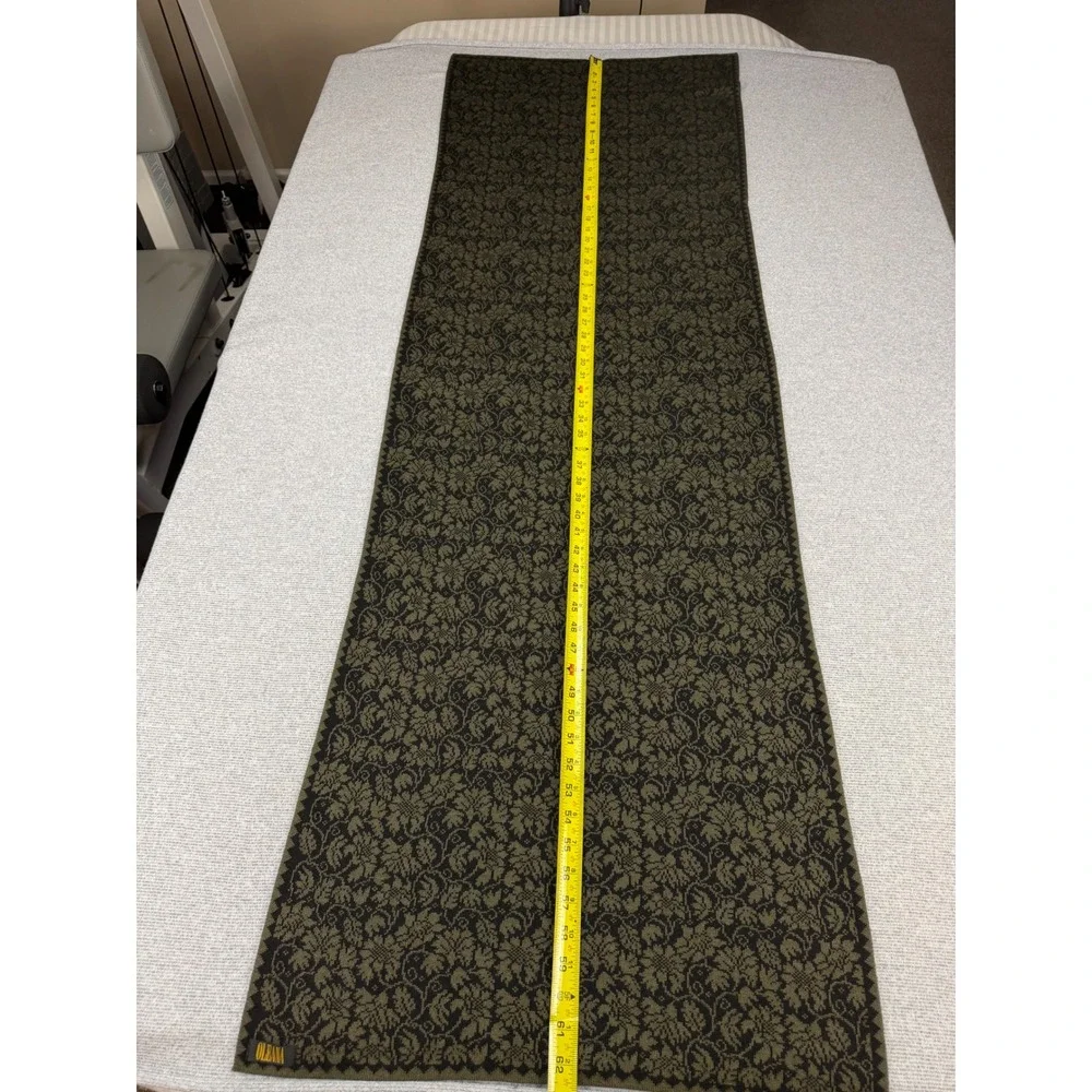 Oleana Norway Knit Scarf Olive Green Black Floral Damask Rectangular Wrap 62x21